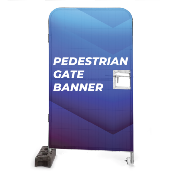 printed pedestrian gate banner design with weighted stand