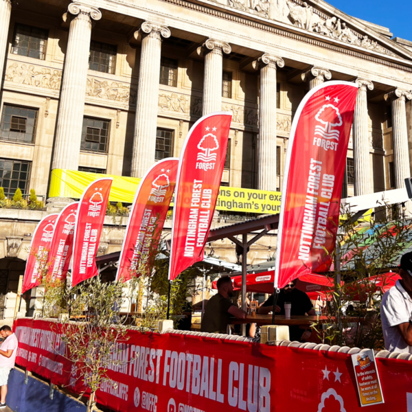 Nottingham forest printed feather flags in market square