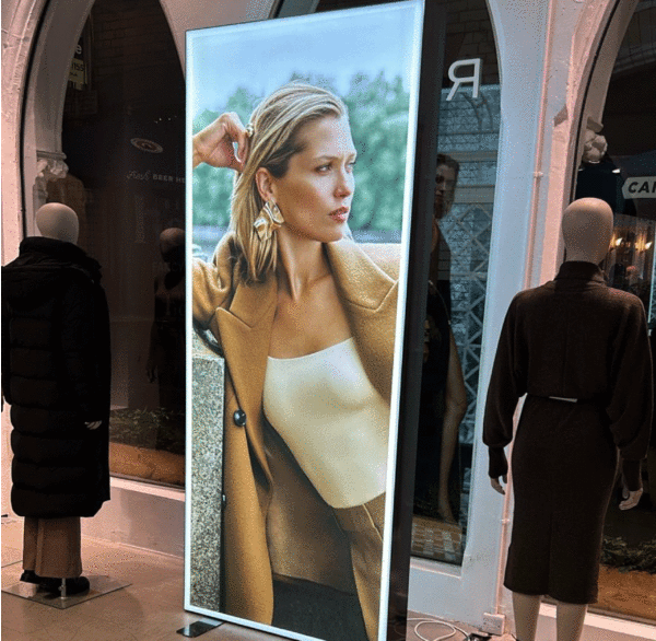 retail free-standing LED lightbox retail display example for reiss