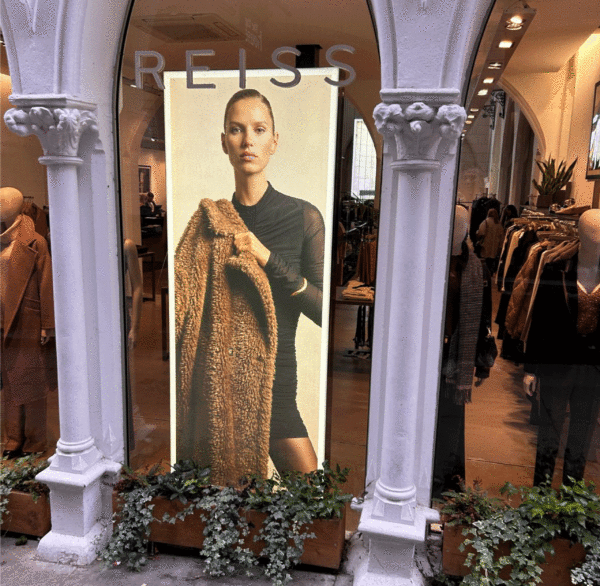 free standing LED lightbox retail window display example for reiss